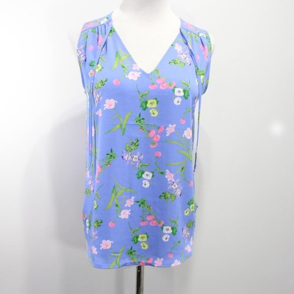 Loft Womens V Neck Sleeveless Tank Top SIze XS Blue Floral Pink Green Curved Hem - Picture 1 of 8